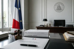 Documents patrimoniaux officiels sur un bureau institutionnel français, lumière naturelle