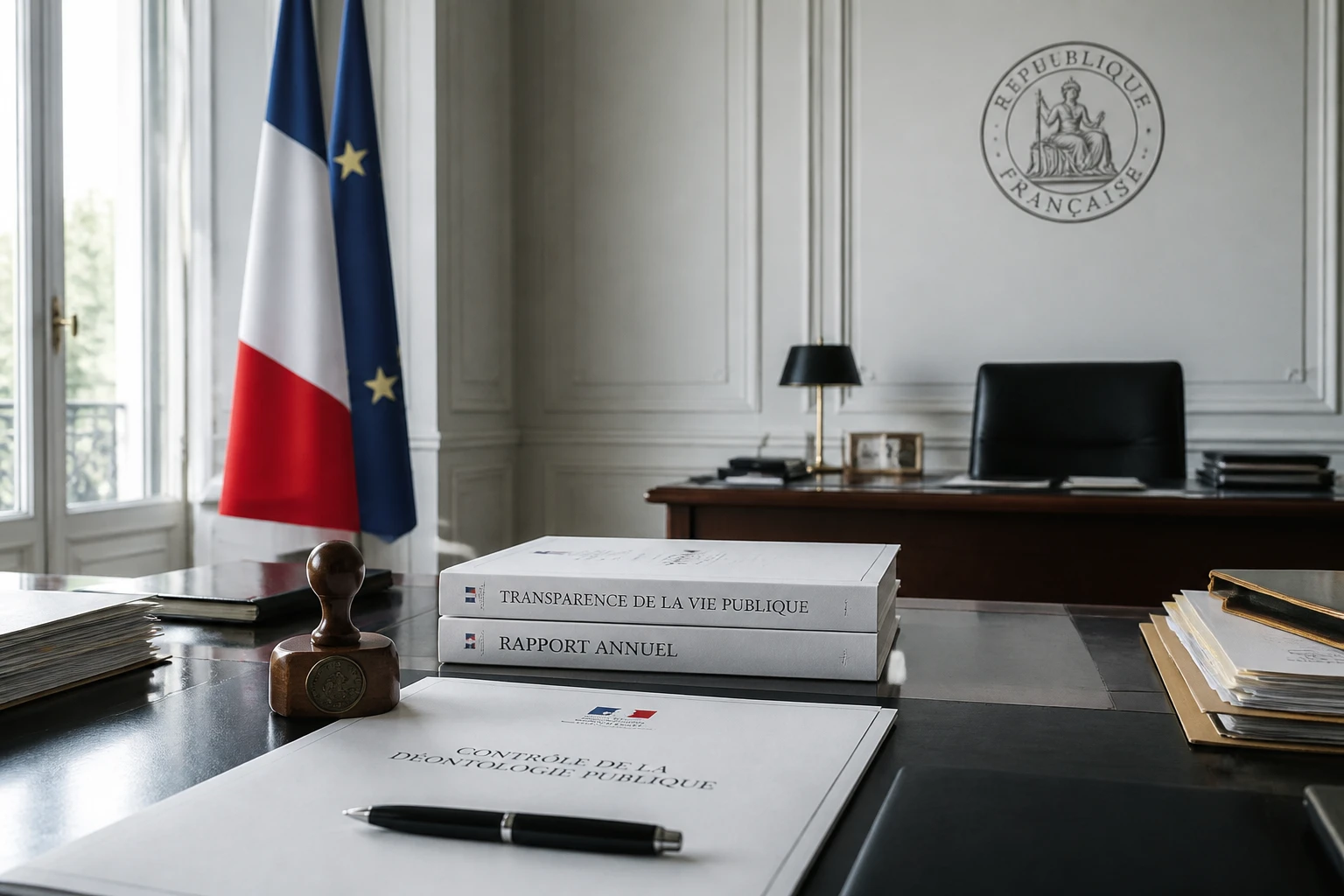 Documents patrimoniaux officiels sur un bureau institutionnel français, lumière naturelle