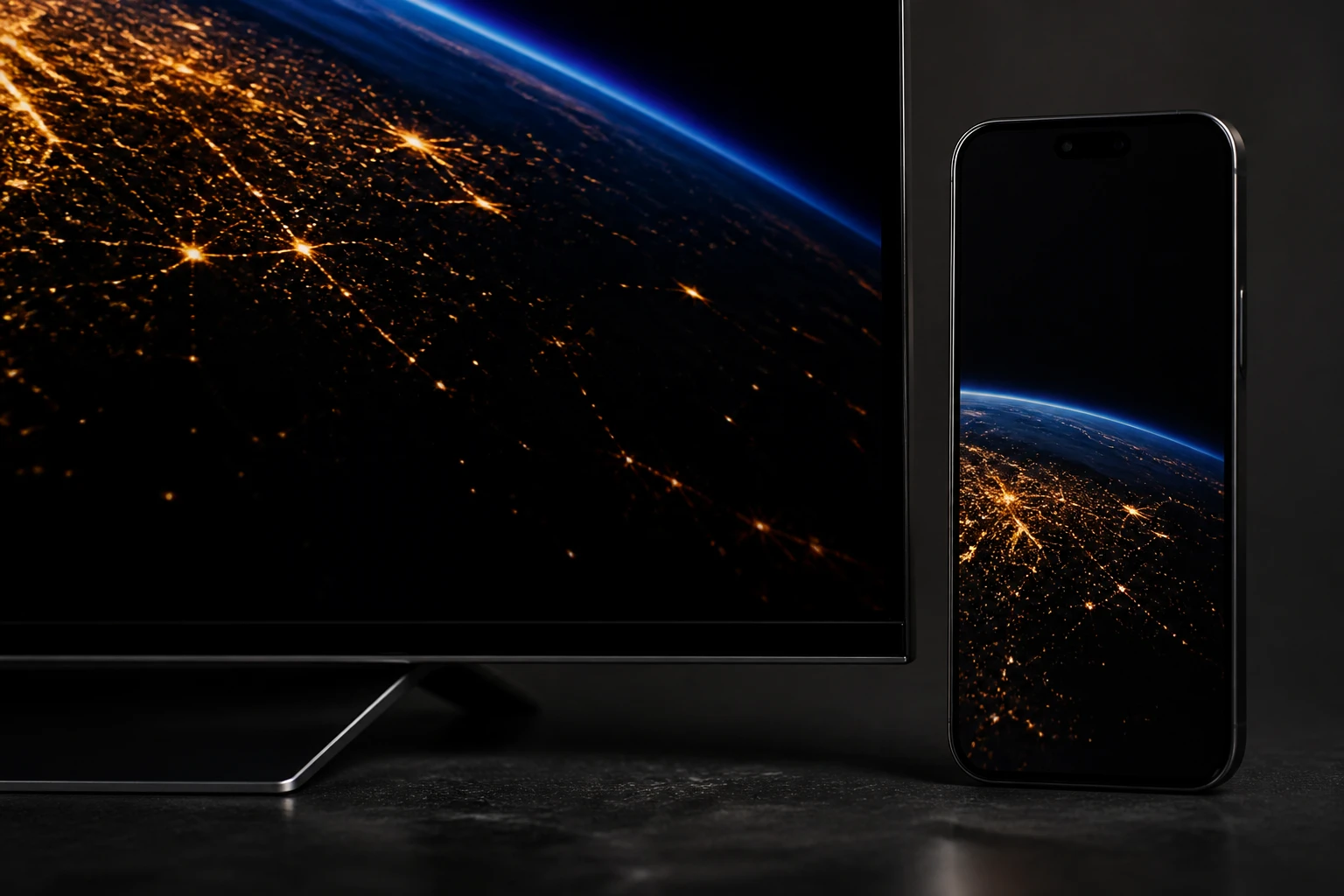 Smartphone AMOLED et téléviseur OLED côte à côte dans un studio sombre, comparaison des dalles