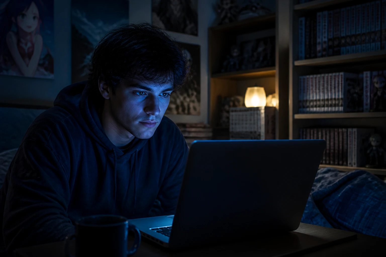 Jeune adulte regardant un anime en streaming sur ordinateur portable la nuit