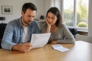 Couple lisant un courrier de notification d'avis favorable pour un logement social dans son salon