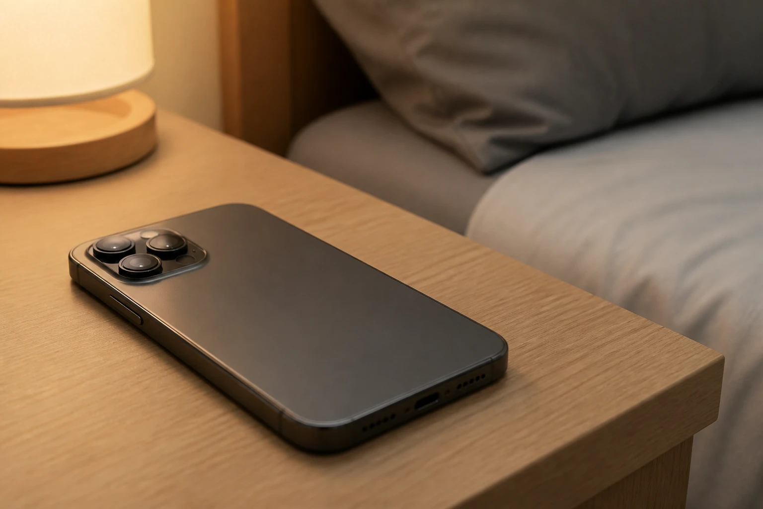 Smartphone posé sur une table de nuit avec l'icône mode avion visible à l'écran