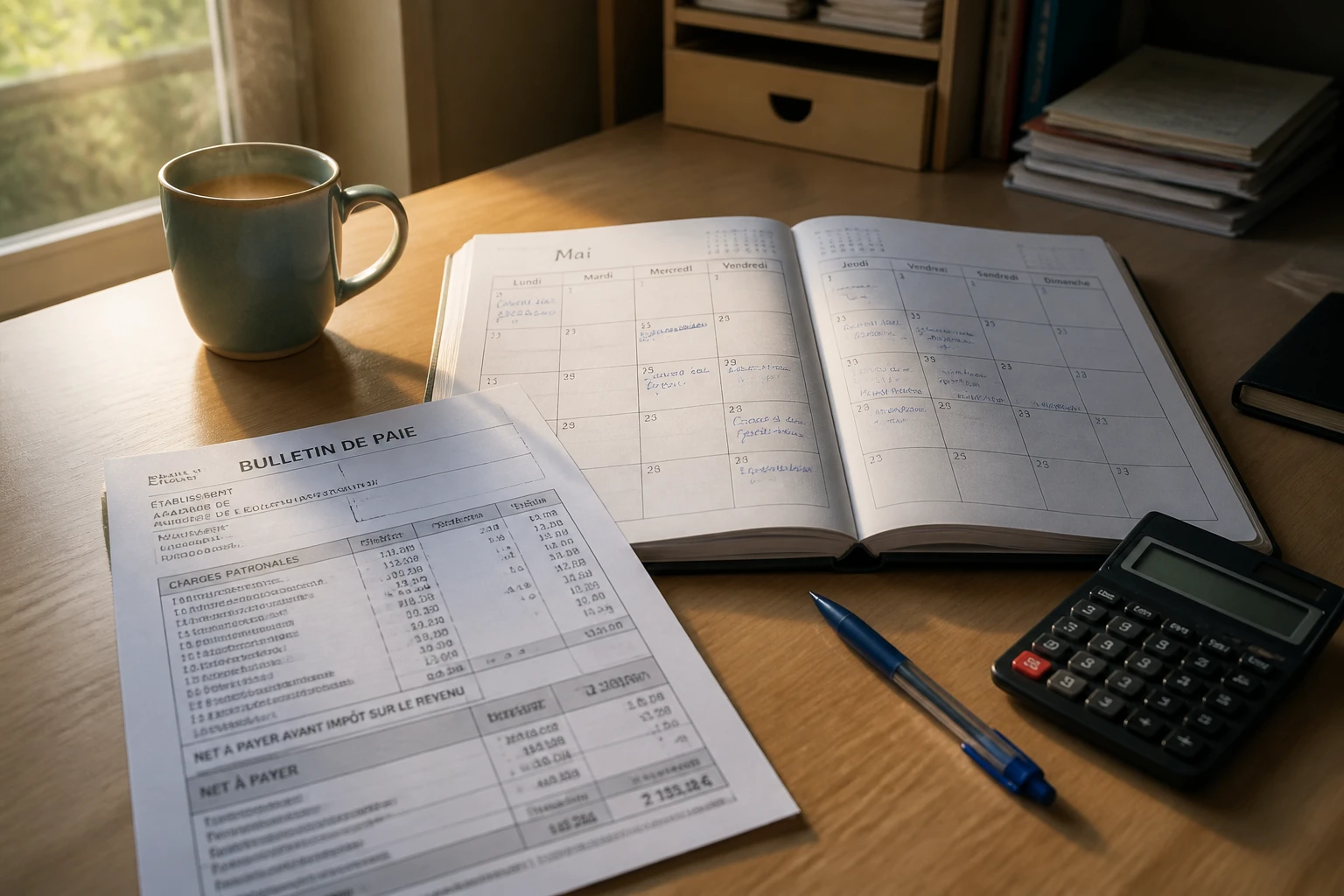 Fiche de paie d'enseignant posée sur un bureau avec agenda et calculatrice