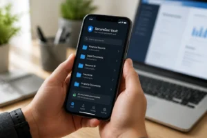 Personne consultant son espace Myarkevia coffre-fort numérique RH sur smartphone au bureau