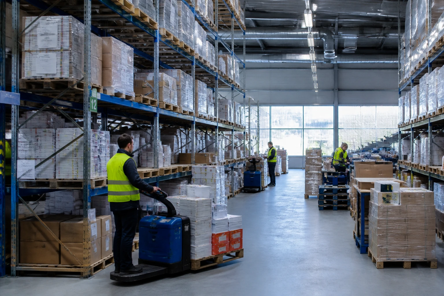Entrepôt logistique B2B avec palettes d'imprimés publicitaires et opérateurs préparant des expéditions de campagnes