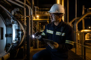 Ouvrier en équipement de protection sur une ligne de production industrielle durant un poste de nuit