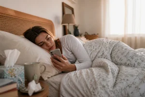 Femme malade au lit envoyant un SMS à son employeur pour prévenir de son absence