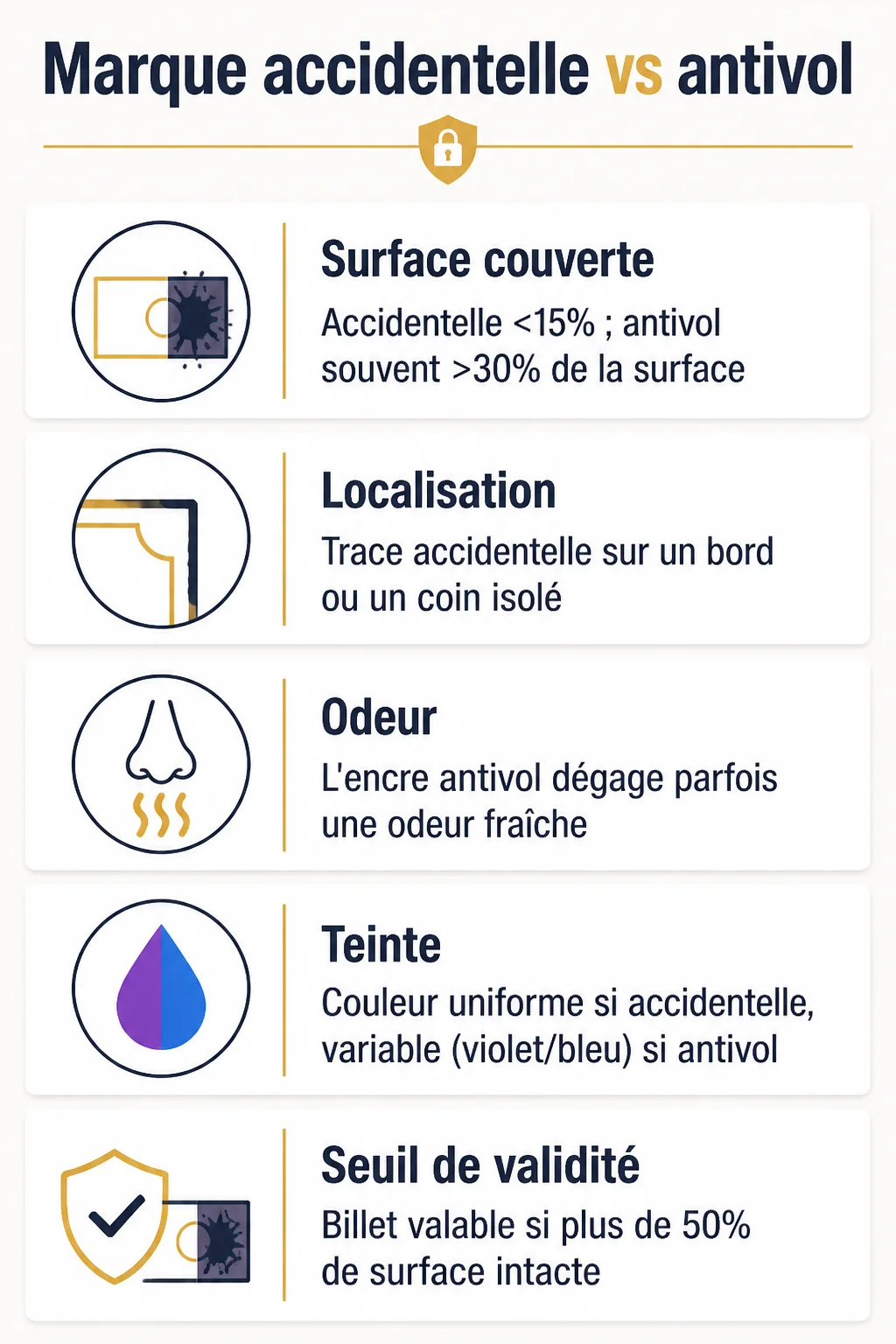 Marque accidentelle vs antivol : Surface couverte, Localisation, Odeur, Teinte, Seuil de validité
