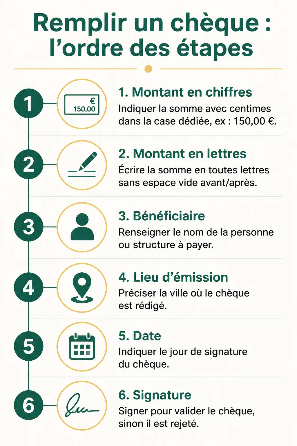 Remplir un chèque : l'ordre des étapes : 1. Montant en chiffres, 2. Montant en lettres, 3. Bénéficiaire, 4. Lieu d'émission, 5. Date, 6. Signature