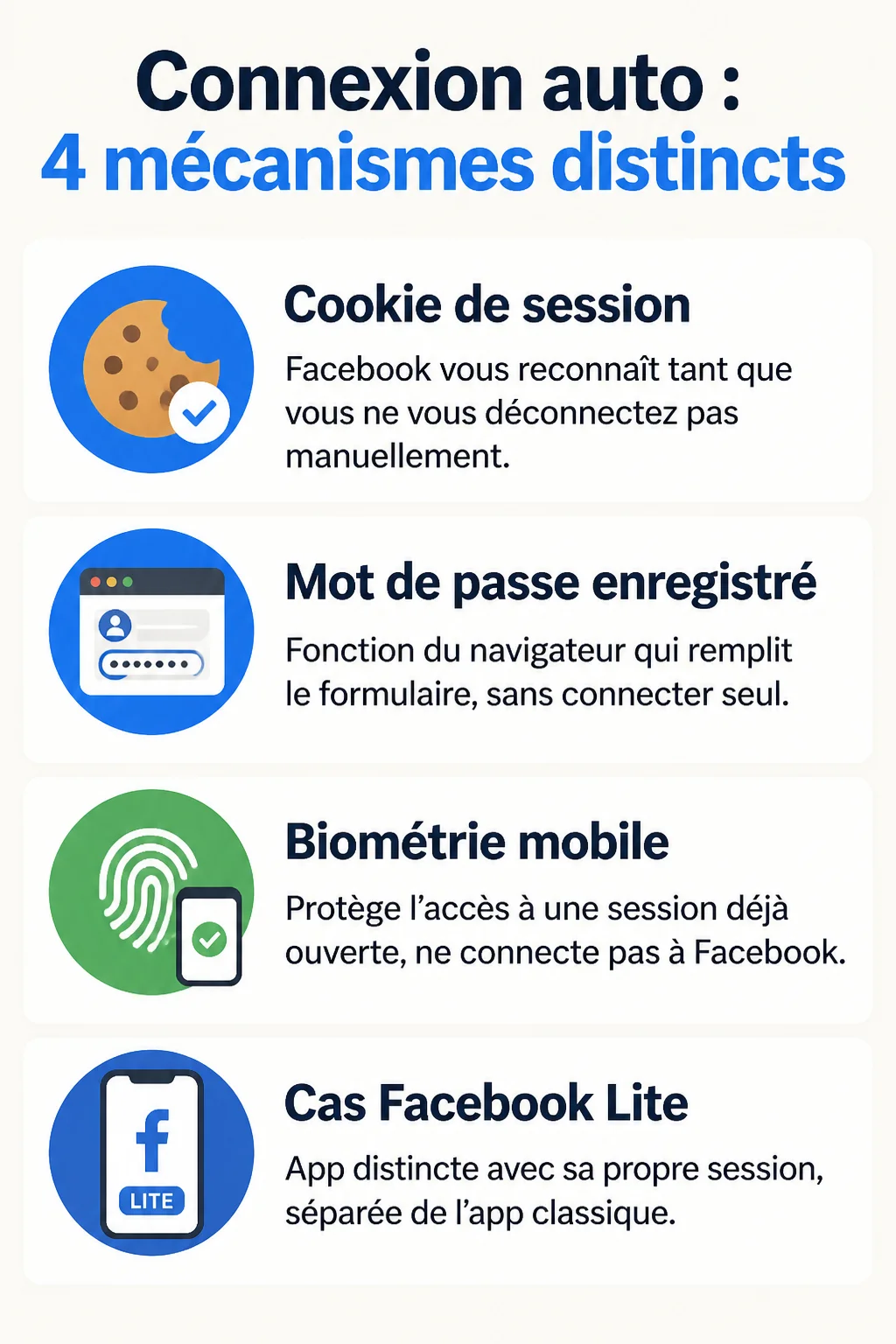 Connexion auto : 4 mécanismes distincts : Cookie de session, Mot de passe enregistré, Biométrie mobile, Cas Facebook Lite