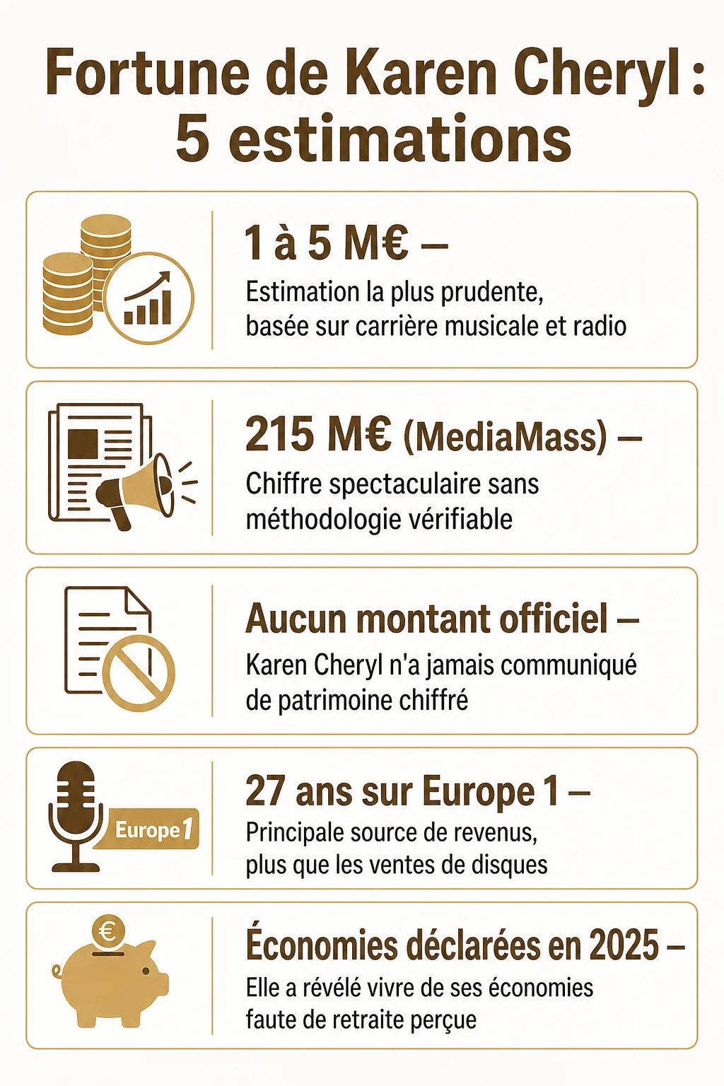 Fortune de Karen Cheryl : 5 estimations : 1 à 5 M€, 215 M€ (MediaMass), Aucun montant officiel, 27 ans sur Europe 1, Économies déclarées en 2025