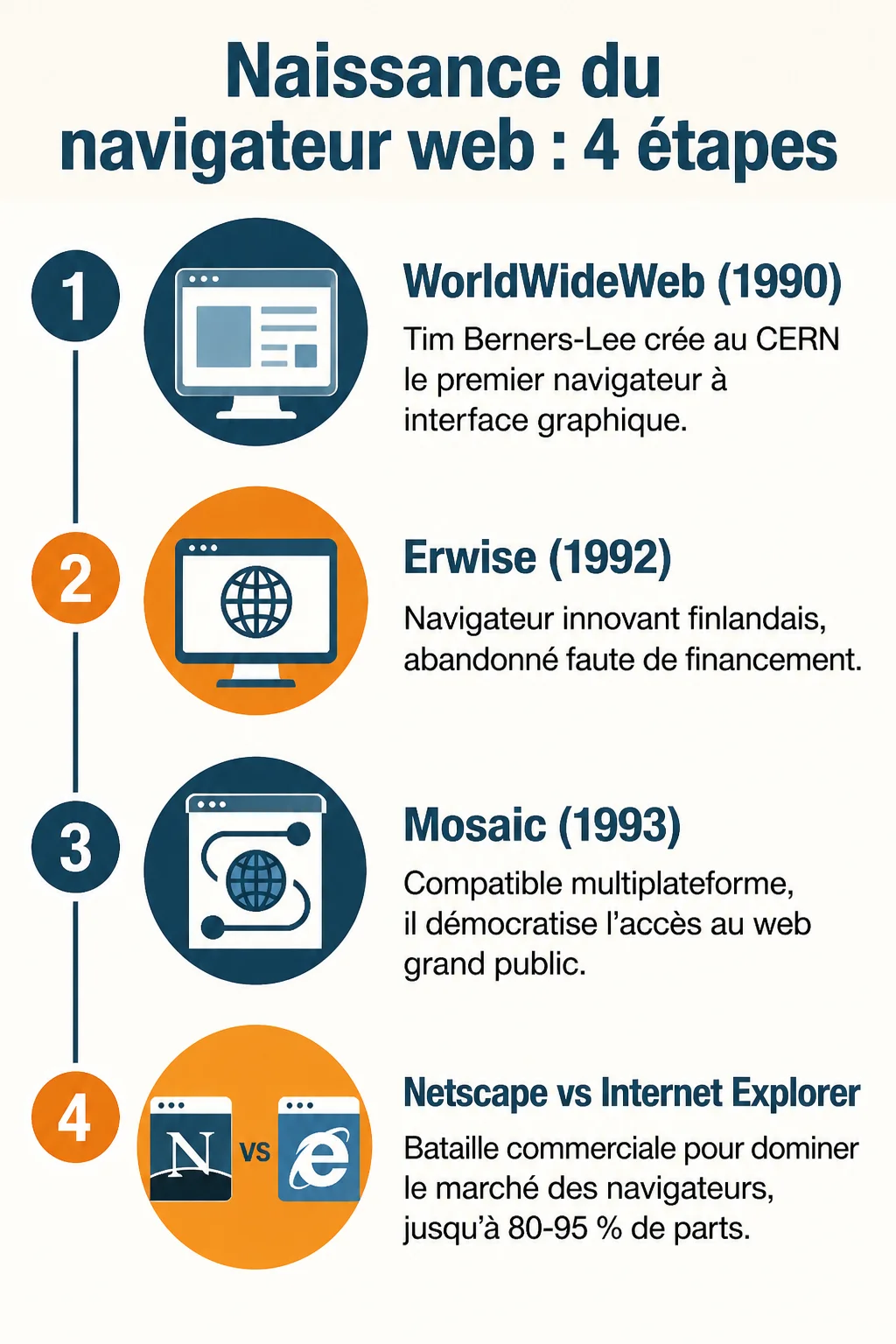 Naissance du navigateur web : 4 étapes : 1. WorldWideWeb (1990), 2. Erwise (1992), 3. Mosaic (1993), 4. Netscape vs Internet Explorer