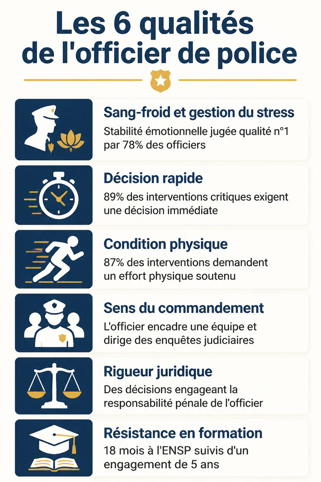 Les 6 qualités de l'officier de police : Sang-froid et gestion du stress, Décision rapide, Condition physique, Sens du commandement, Rigueur juridique, Résistance en formation