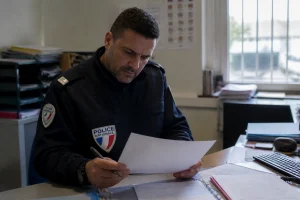 Officier de police en uniforme consultant un dossier de procédure dans un bureau de commissariat