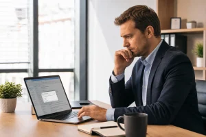 Utilisateur consultant la fonction de rappel de message sur Outlook depuis son ordinateur portable au bureau