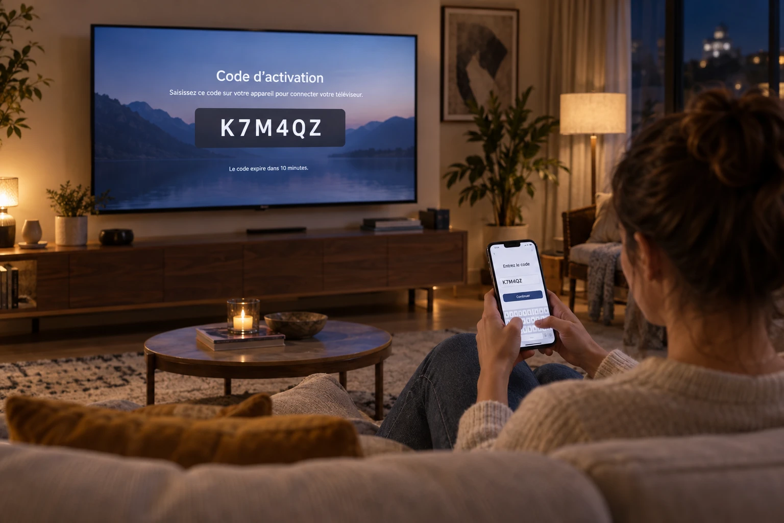 Personne saisissant sur son smartphone le code d'activation affiché sur une Smart TV