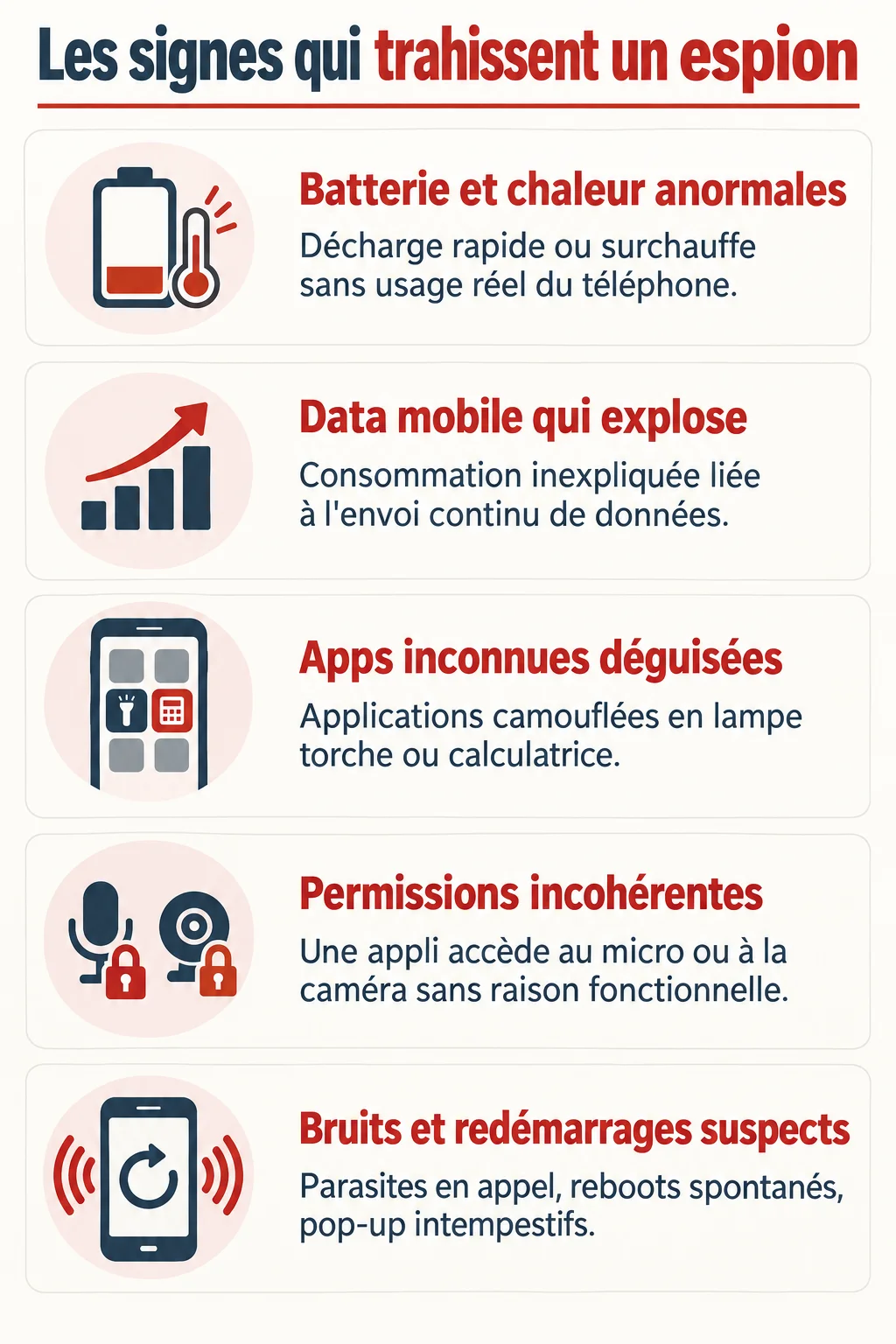 Les signes qui trahissent un espion : Batterie et chaleur anormales, Data mobile qui explose, Apps inconnues déguisées, Permissions incohérentes, Bruits et redémarrages suspects