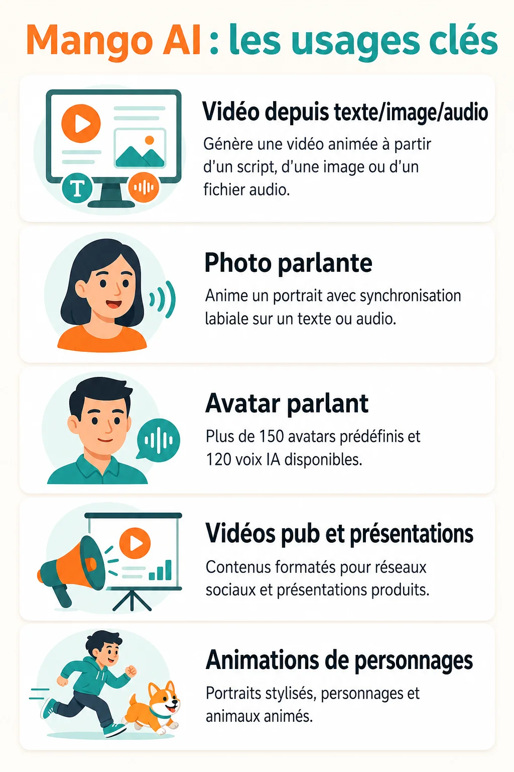 Mango AI : les usages clés : Vidéo depuis texte/image/audio, Photo parlante, Avatar parlant, Vidéos pub et présentations, Animations de personnages