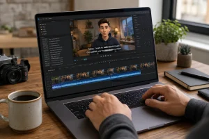 Créateur de contenu éditant une vidéo avec avatar parlant sur ordinateur portable