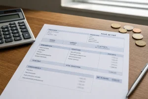 Fiche de paie belge posée sur un bureau avec calculatrice et pièces en euros