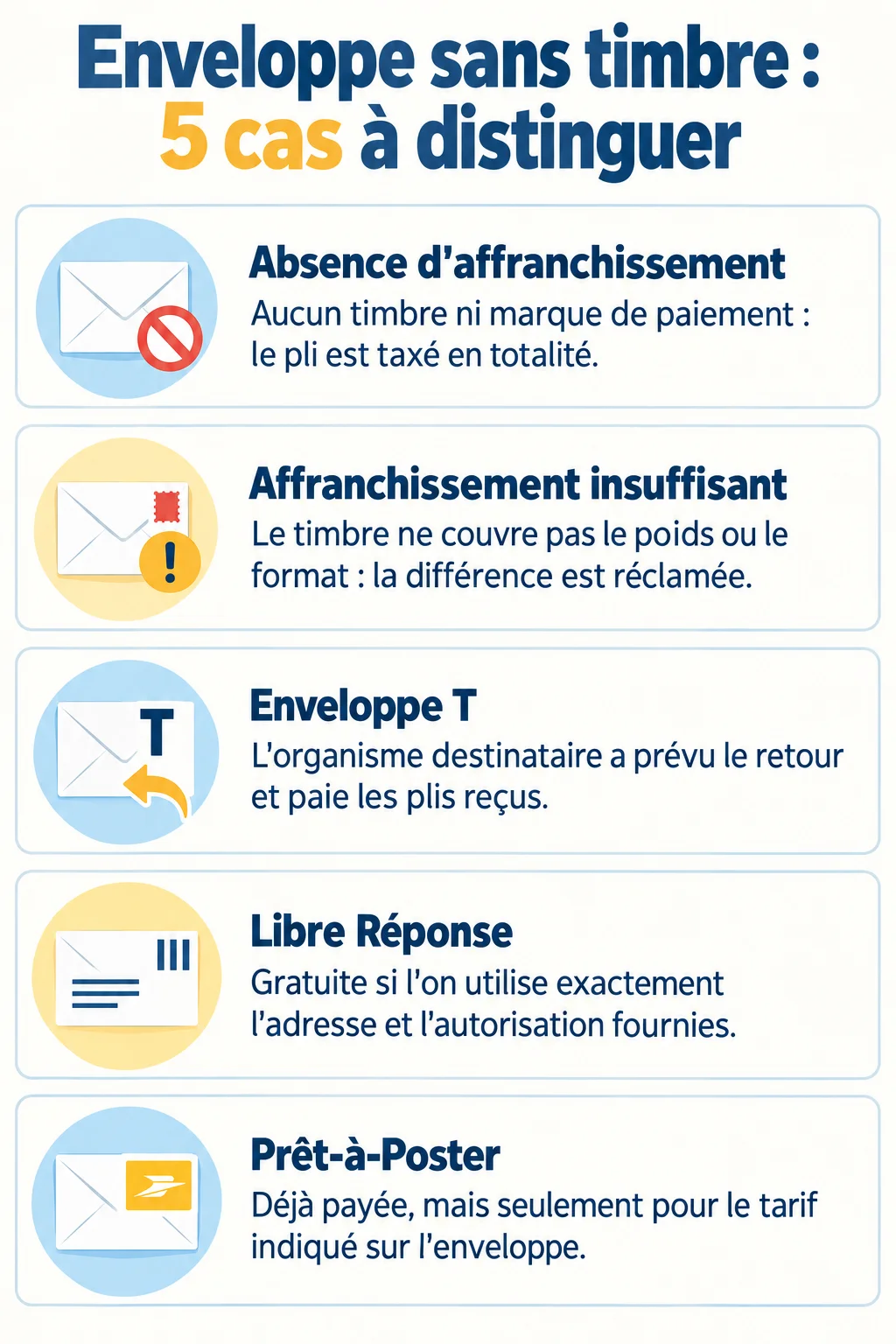 Enveloppe sans timbre : 5 cas à distinguer : Absence d'affranchissement, Affranchissement insuffisant, Enveloppe T, Libre Réponse, Prêt-à-Poster