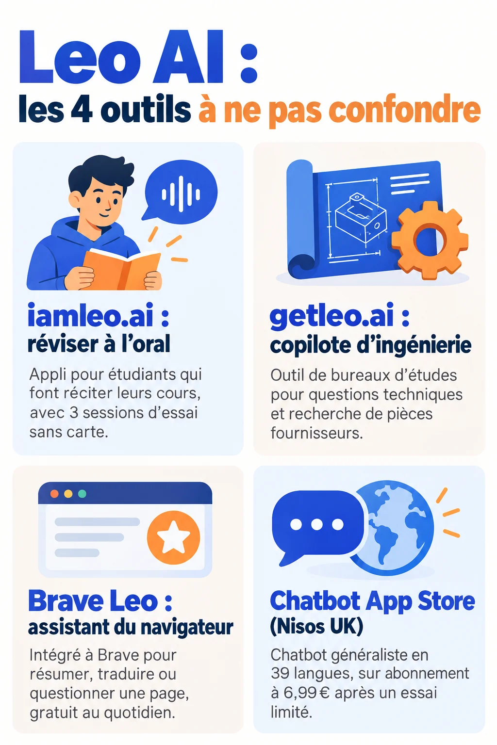 Leo AI : les 4 outils à ne pas confondre : iamleo.ai : réviser à l'oral, getleo.ai : copilote d'ingénierie, Brave Leo : assistant du navigateur, Chatbot App Store (Nisos UK)